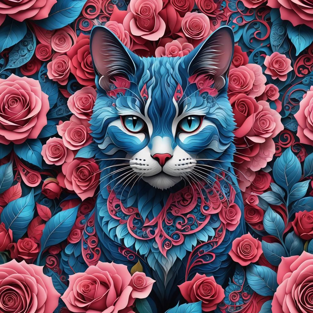 Blue Cat Amongst Roses in Zentangle Fractal Art