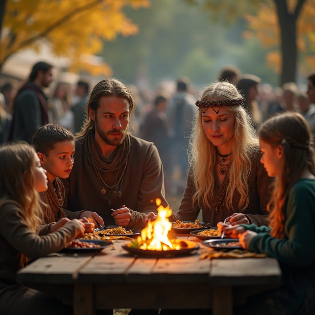 Pagan Festival Feast: Couple with Children by Bonfire