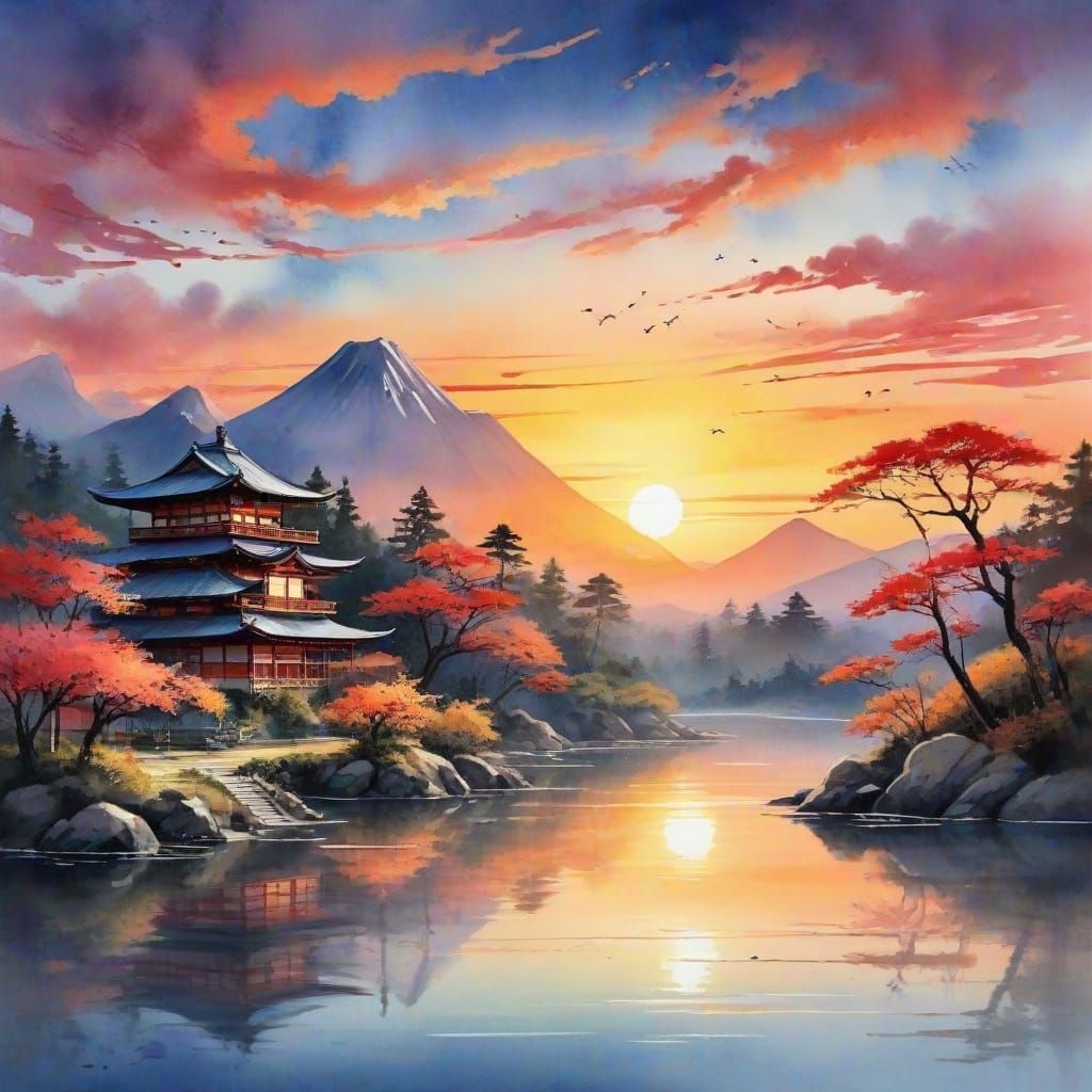 Vibrant Watercolour Sunset Landscape with Japanese Cultural ...