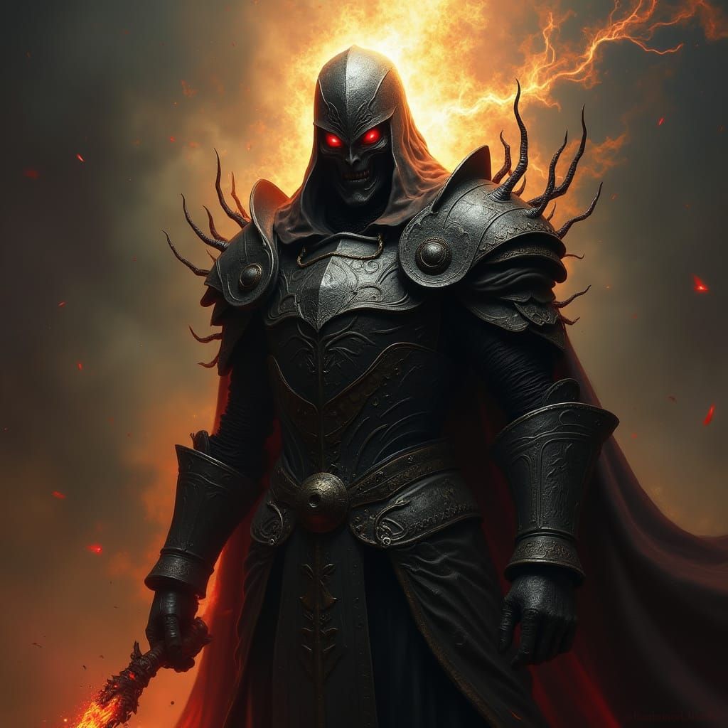 Dark Lord Exudes Malevolent Power in Ornate Armor