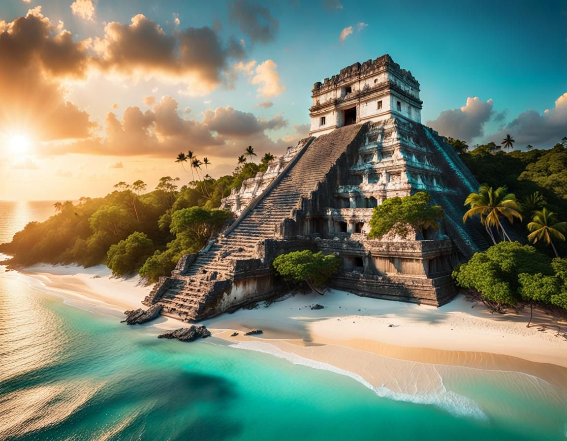 Remote Mayan Ruins on Tropical Beach at Sunset