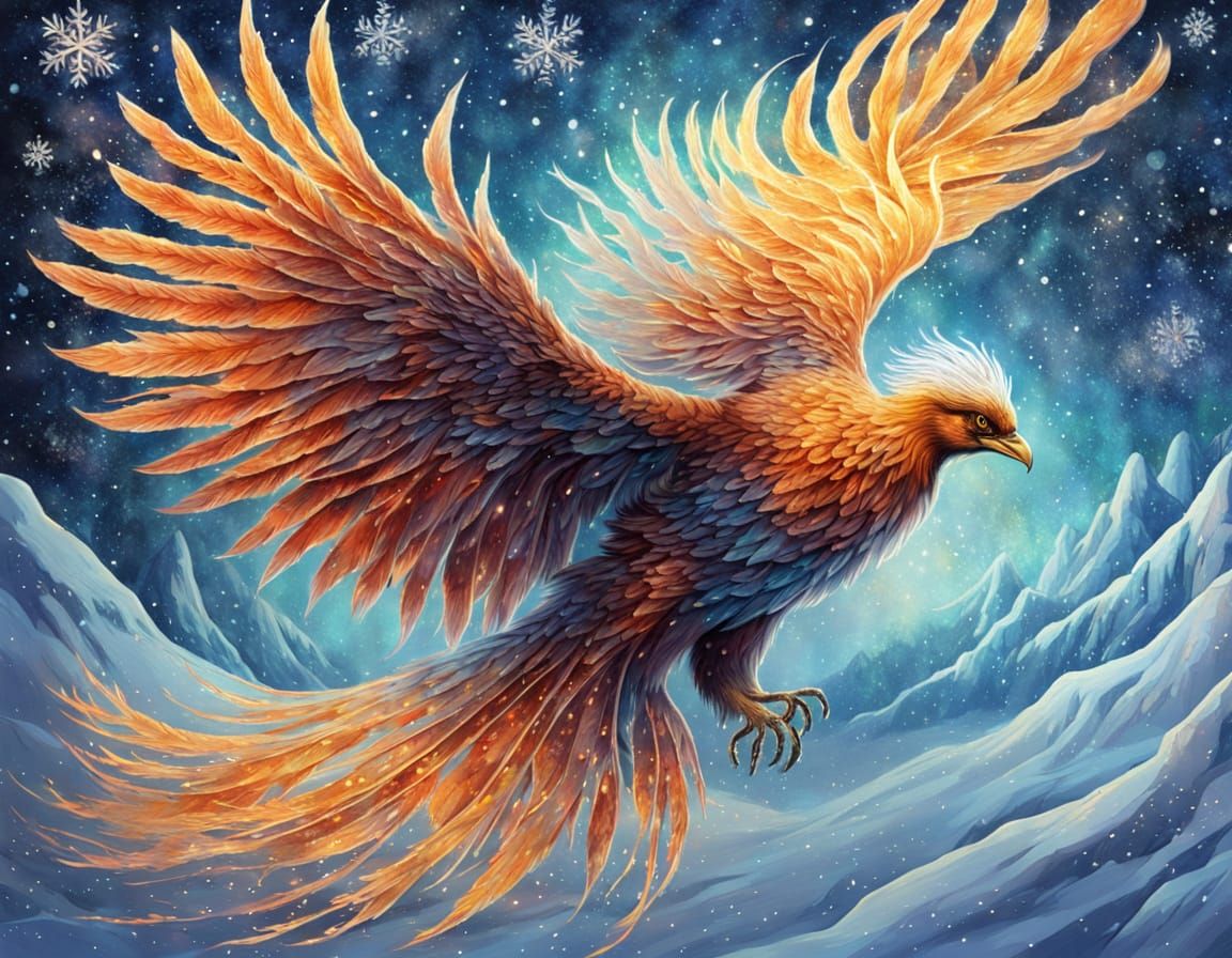 A majestic phoenix made of ice and frost, soaring through the aurora borealis, leaving a trail of shimmering snowflakes.