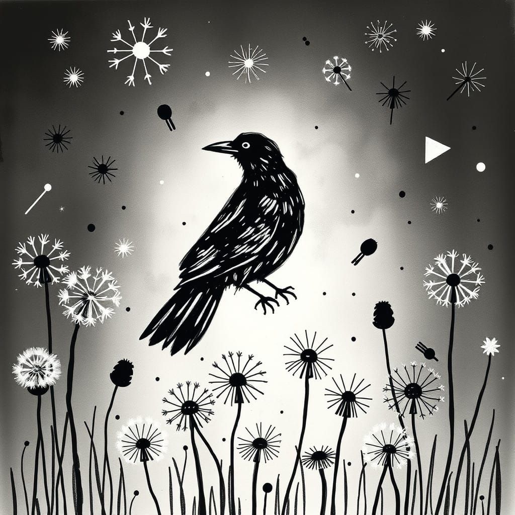 Whimsical Black and White Dandelion Scene in Childlike Crayo...