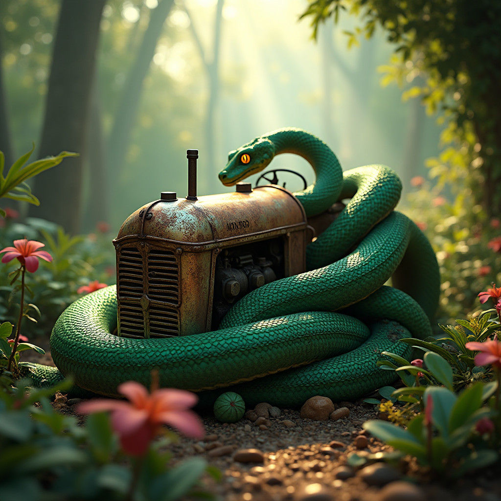 Emerald Serpent Embraces Copper Tractor in Jungle