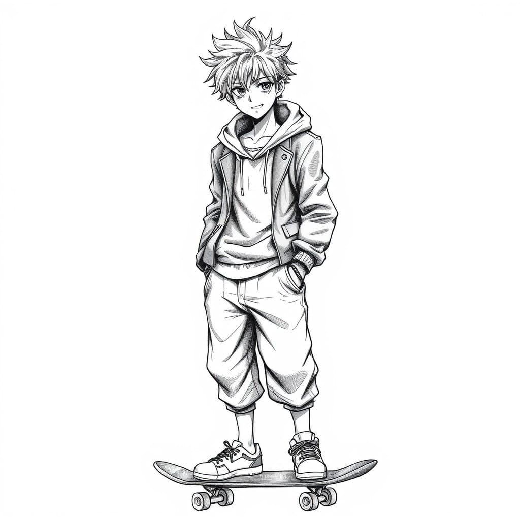 Confident Anime Skater in Hyper-Detailed Black and White