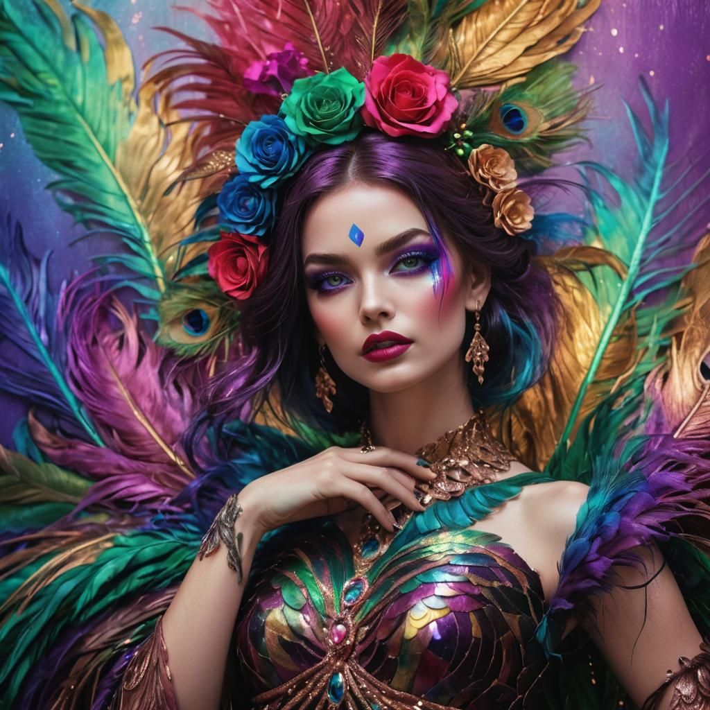 Fantasy Woman with Rainbow Skin and Peacock Feathers