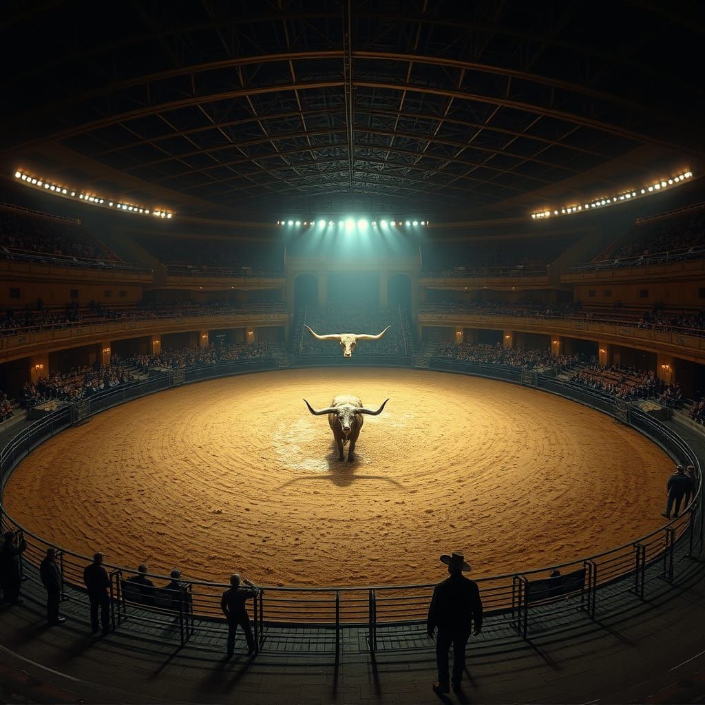 Surreal Night Arena with Concentric Fence and Bull