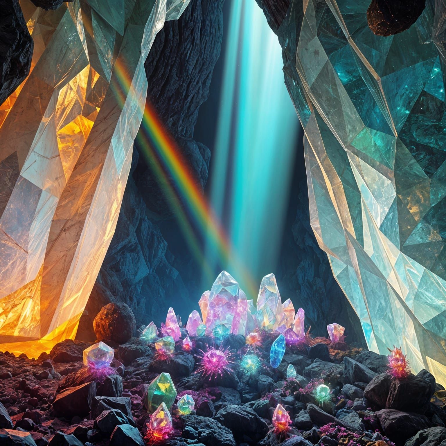 Alien Crystal Cave with Bioluminescent Life
