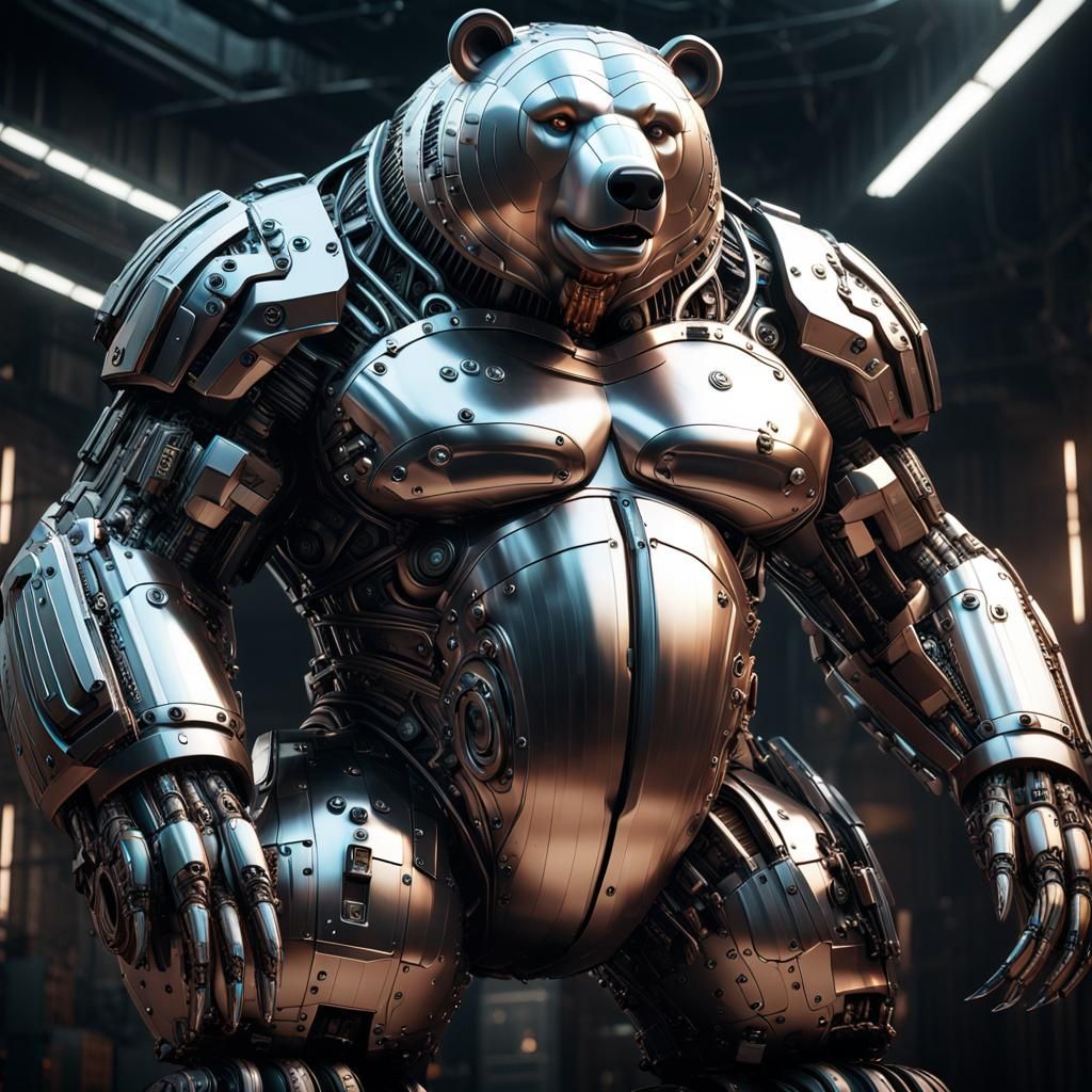 Cybernetic Bear in Sci-Fi Cityscape: Hyperrealistic 8K Rende...