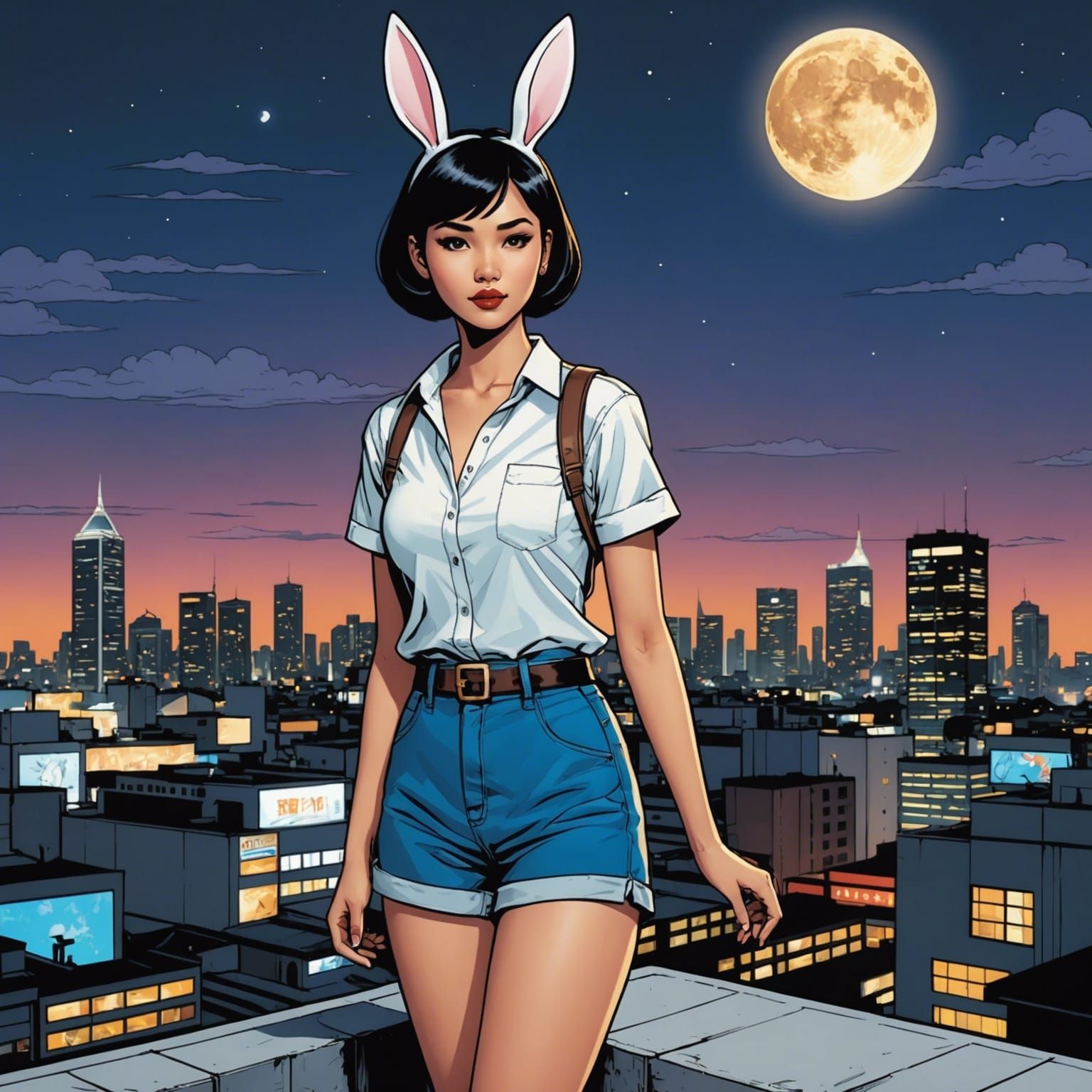 Thai Girl on Bangkok Rooftop in Comic Book Style