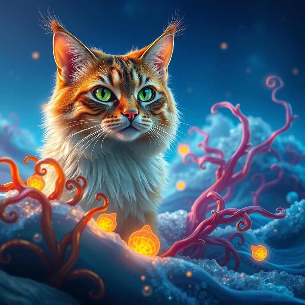 Majestic Cat Reigns Over Glowing Sea in 3D Photorealism