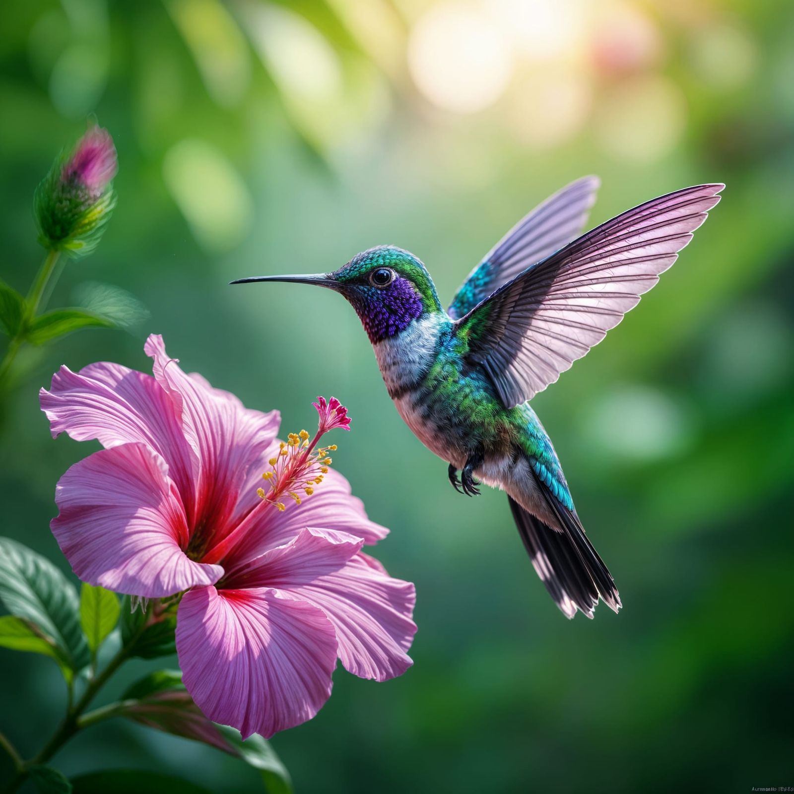 Amethyst Hummingbird and Hibiscus Flower, Hyperrealistic Clo...