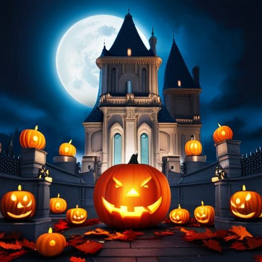 Gothic Castle with Jack-o'-Lanterns in Fantasy Environment