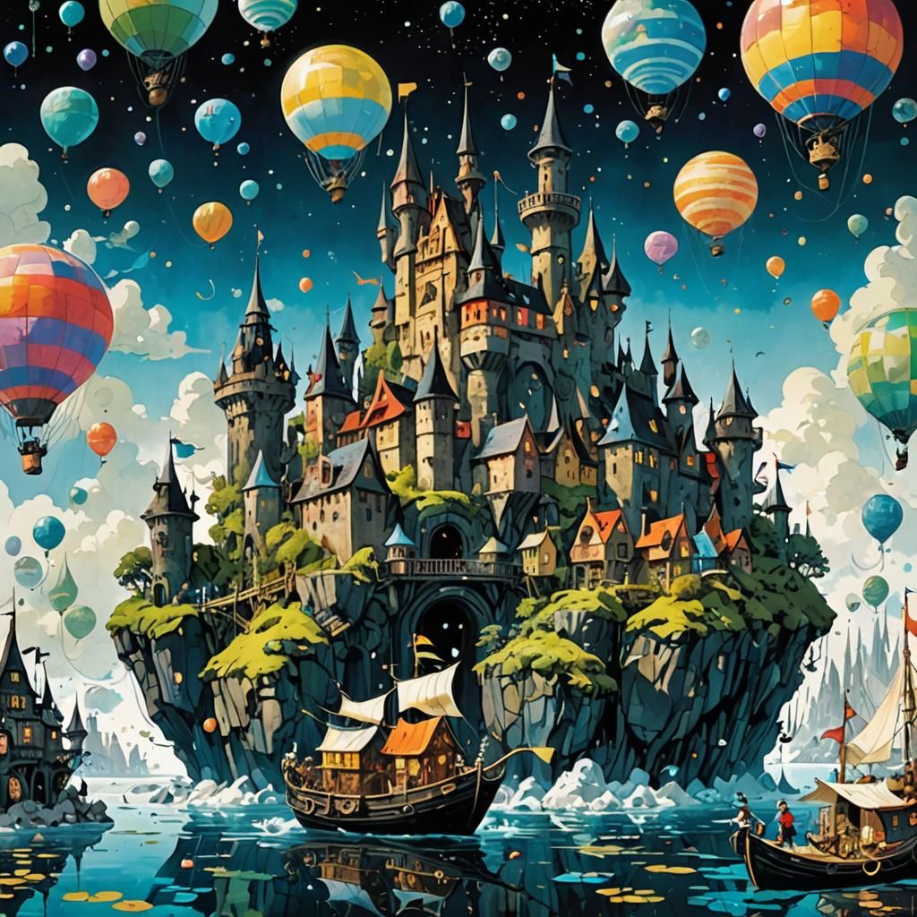 Magical Floating Castle Island in Whimsical Style