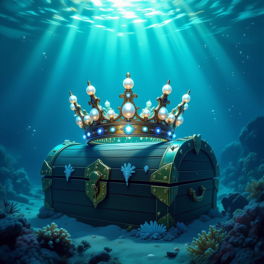 Ancient Crown on Treasure Chest in Deep Sea