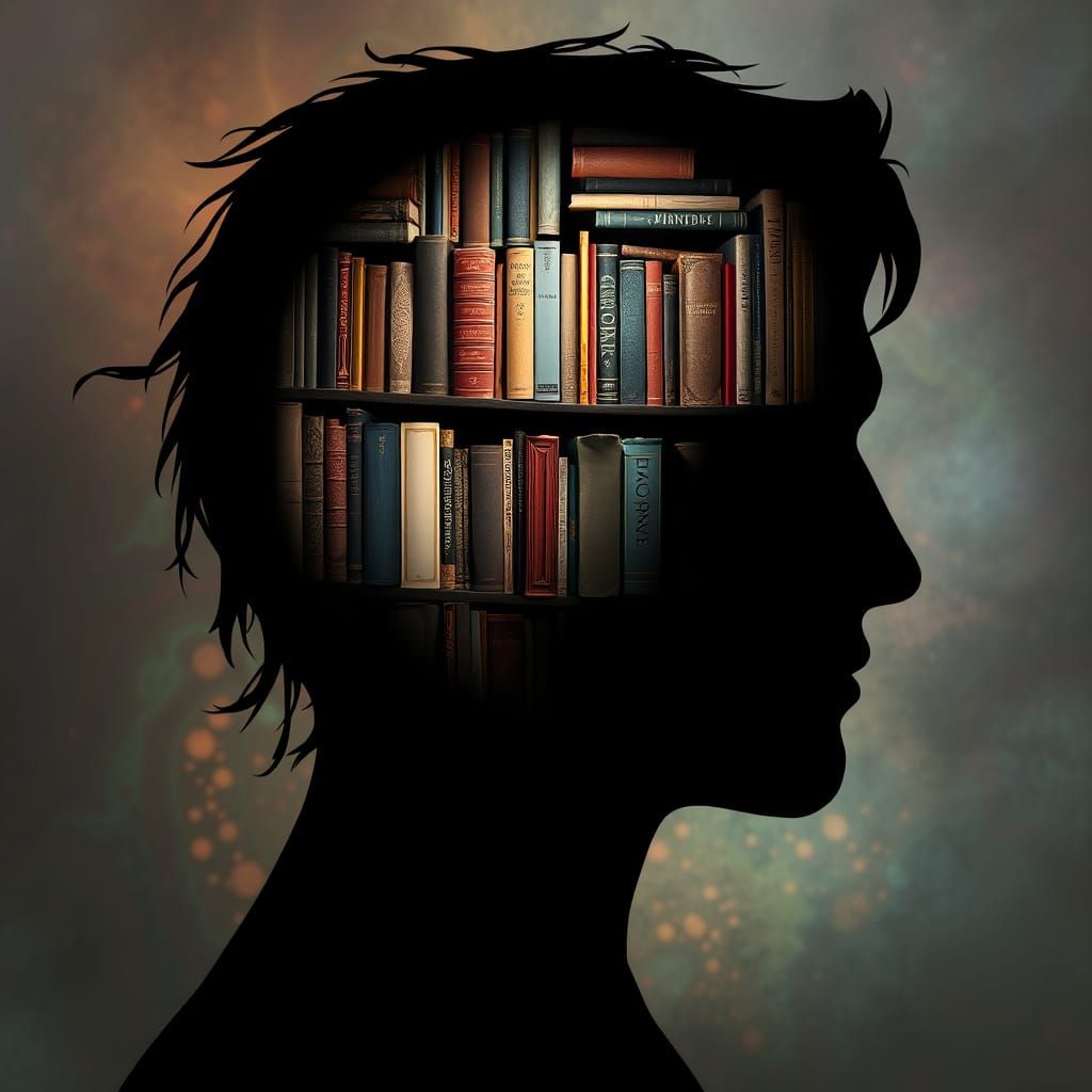 Books Fill the Human Mind in Hyperrealistic Portrait