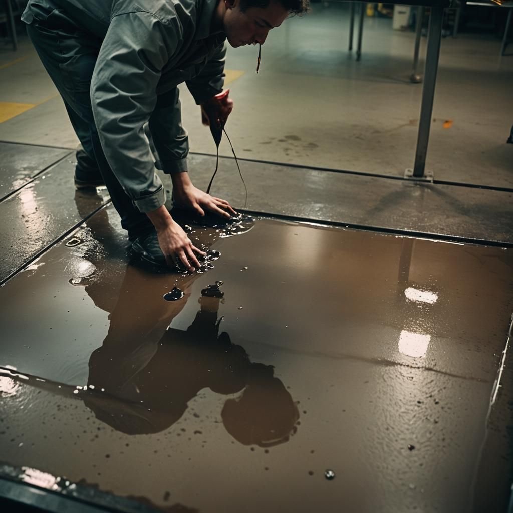 Production Worker and Mysterious Liquid Puddle