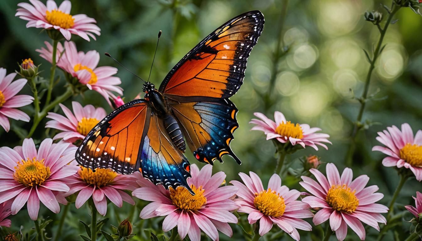 Butterfly on Colorful Flower with Iridescent Wings
