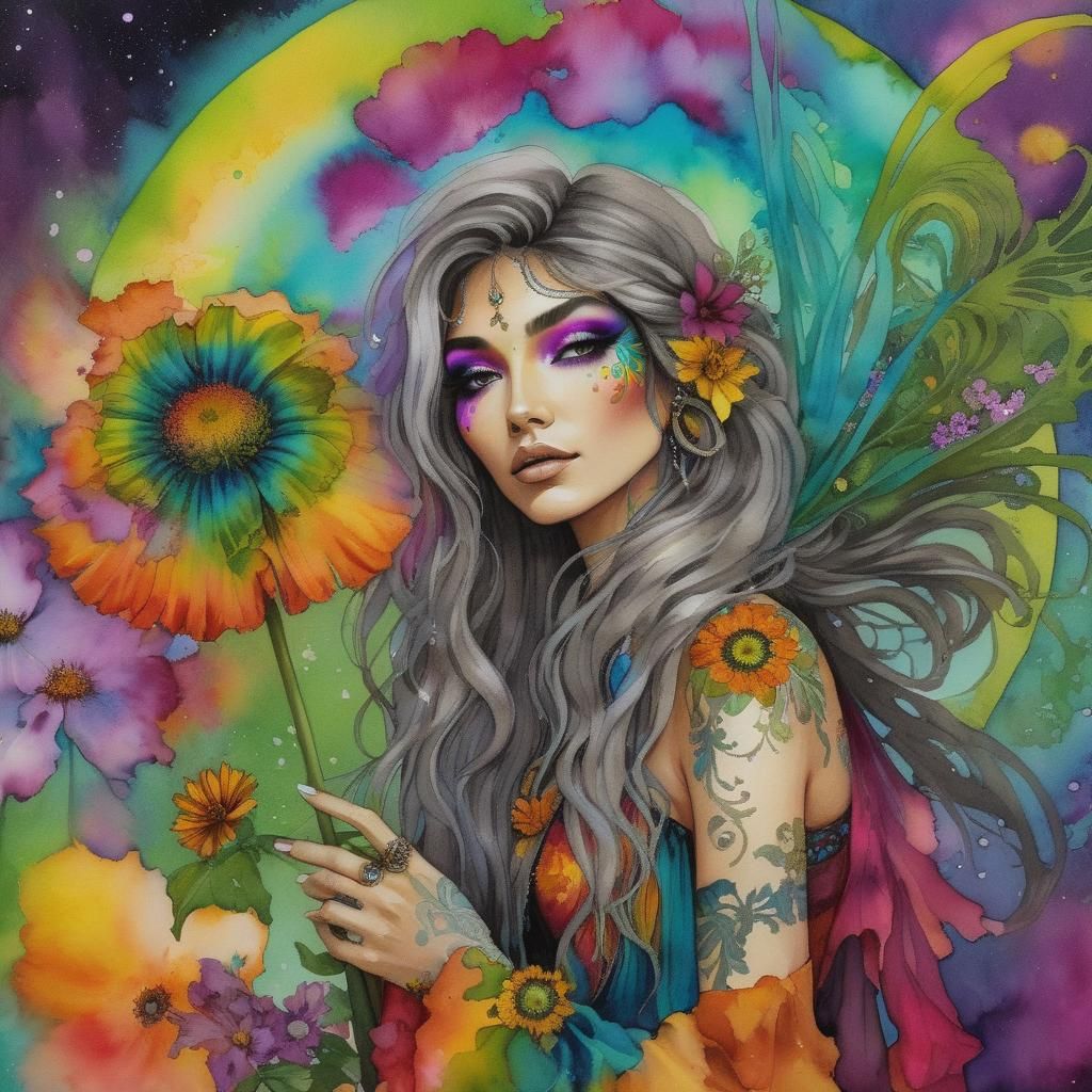 Psychedelic Hippie Woman Portrait in Fantasy Sketch Style
