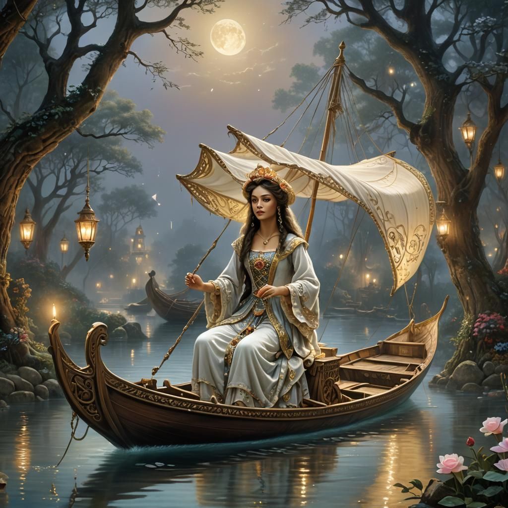 Rococo Surrealist Gondola in a Moonlit Stream