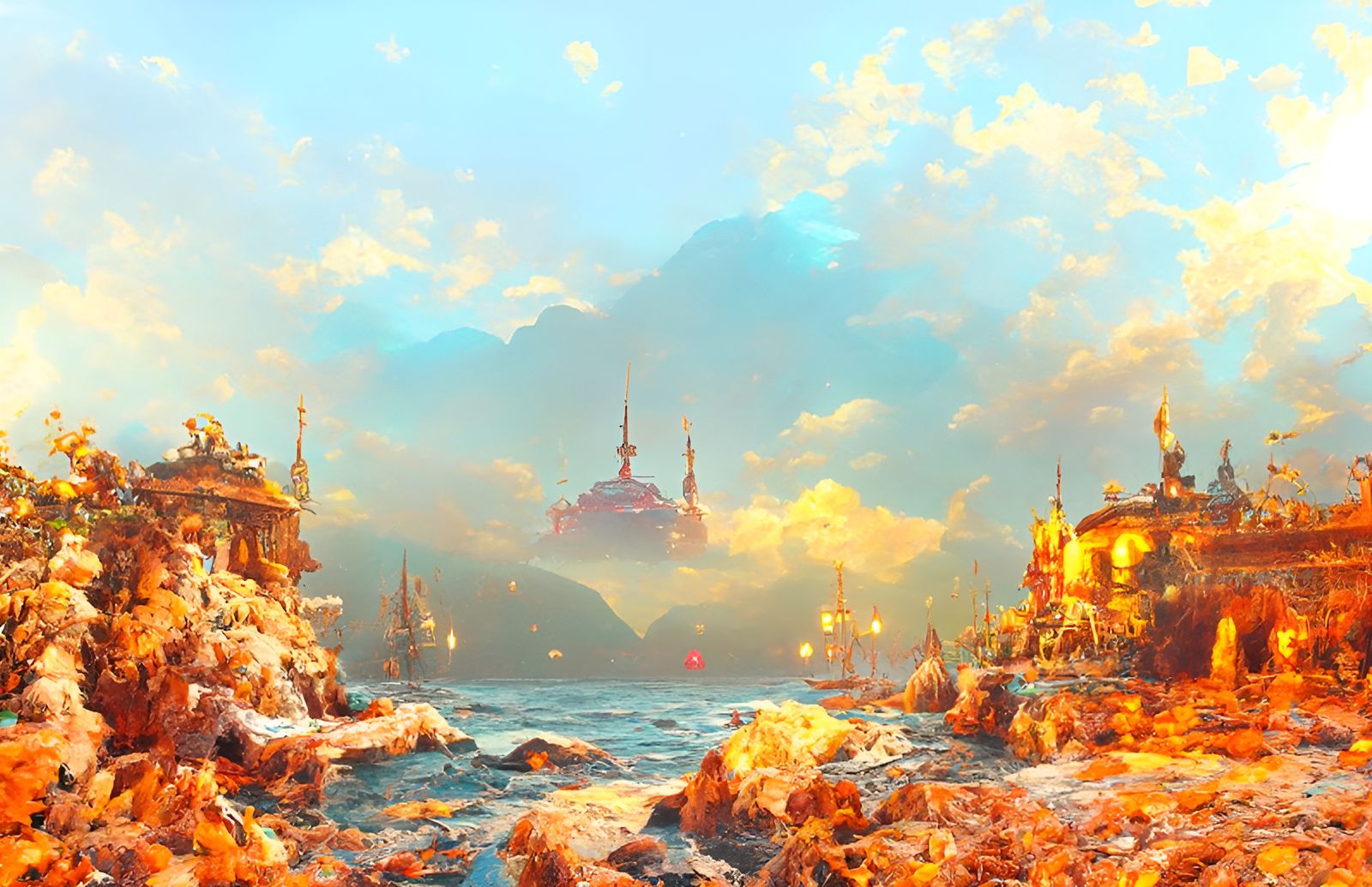 Romantic Coastal Night Scene in Painting Style