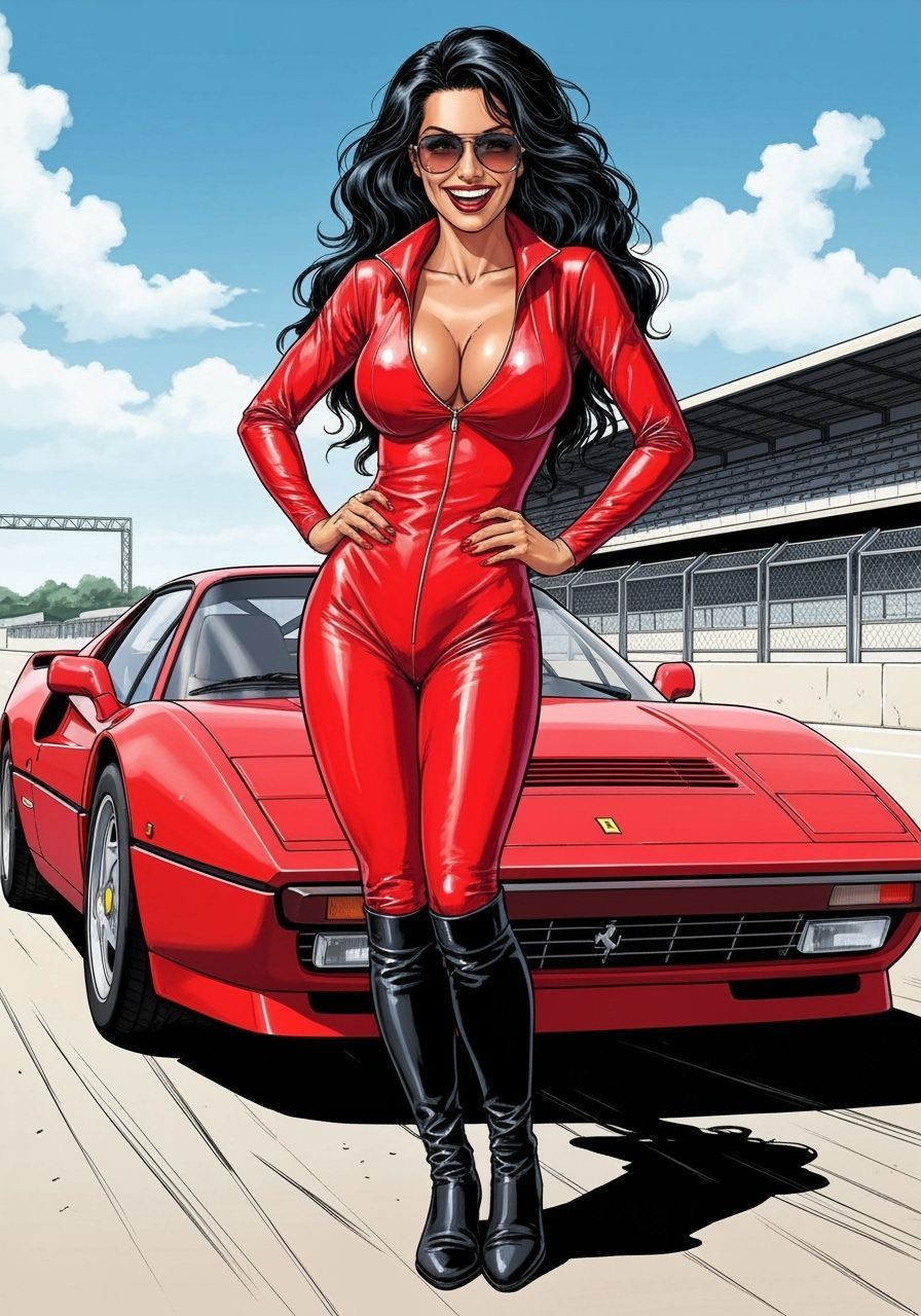 Italian Model in Rosso Corsa Catsuit, Comic Book Style