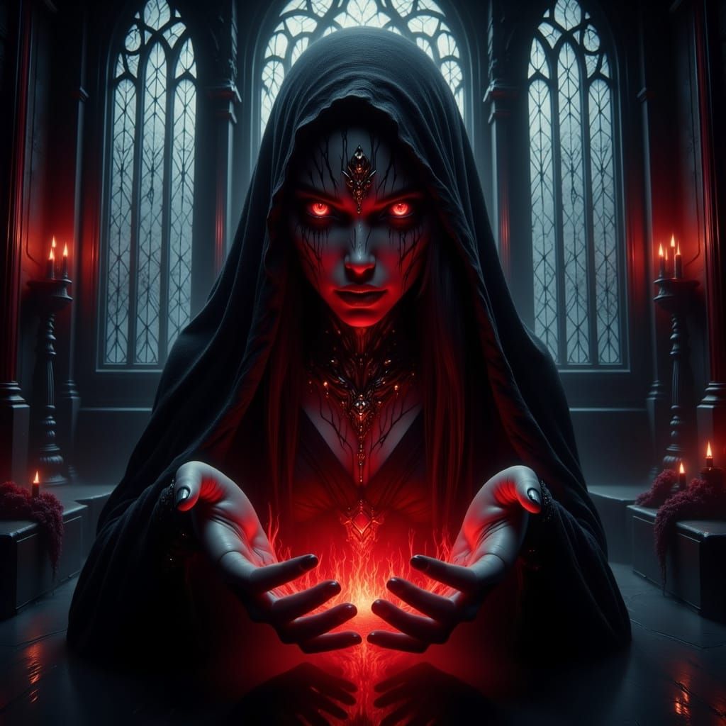 Dark Priestess Weaves Crimson Spell in Gothic Chamber