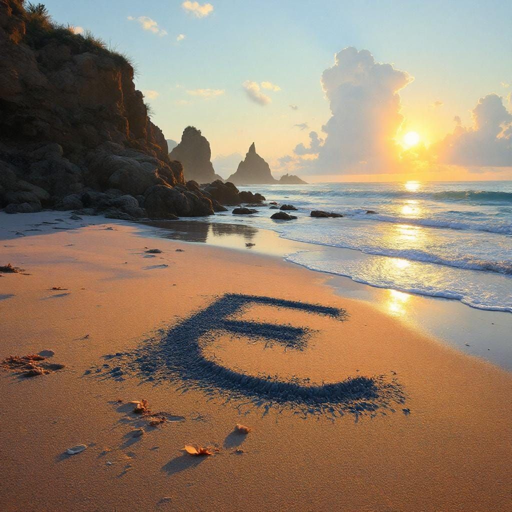Letter E on Beach with Atmospheric Lighting