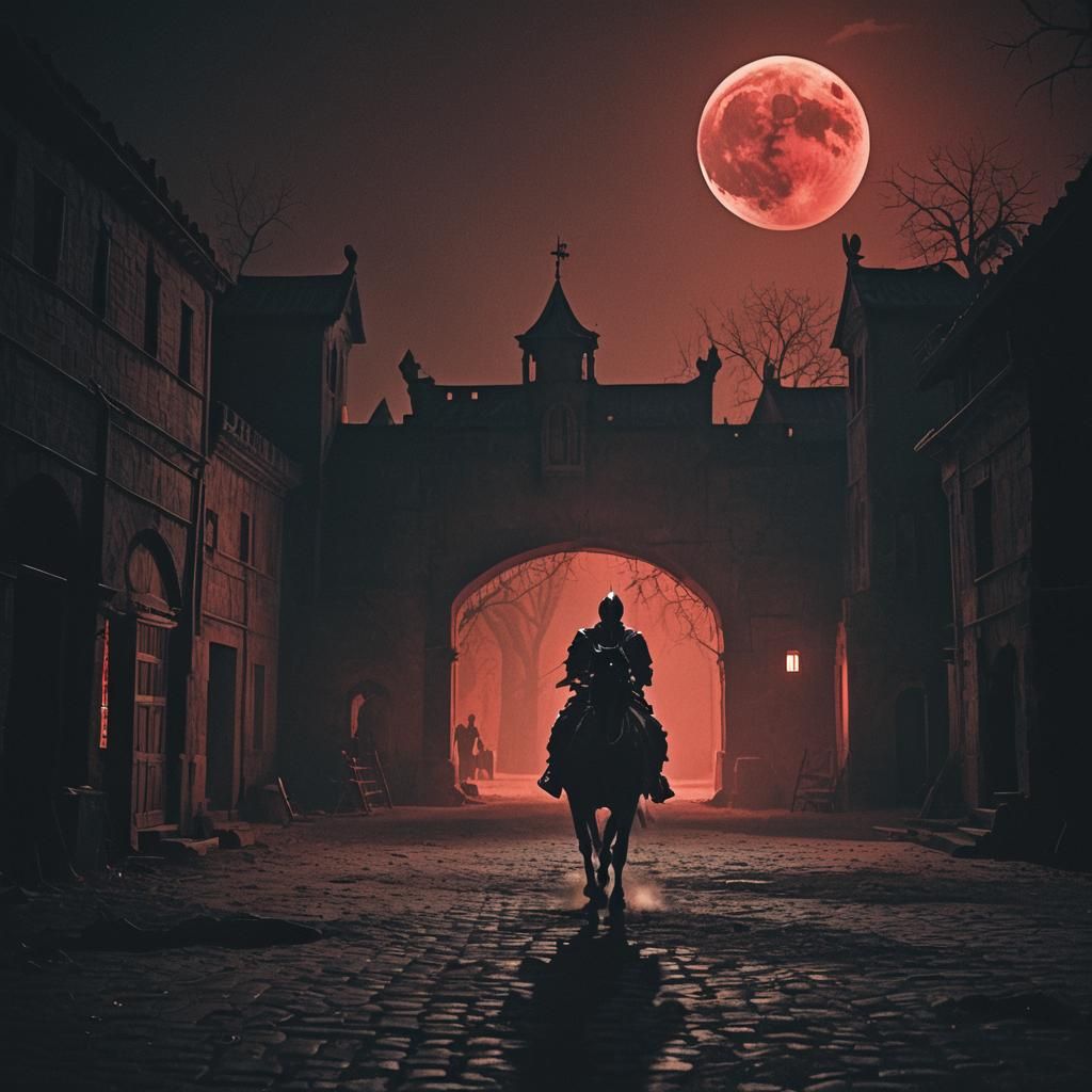 Knight Rides Through Dark Courtyard Under Red Moon