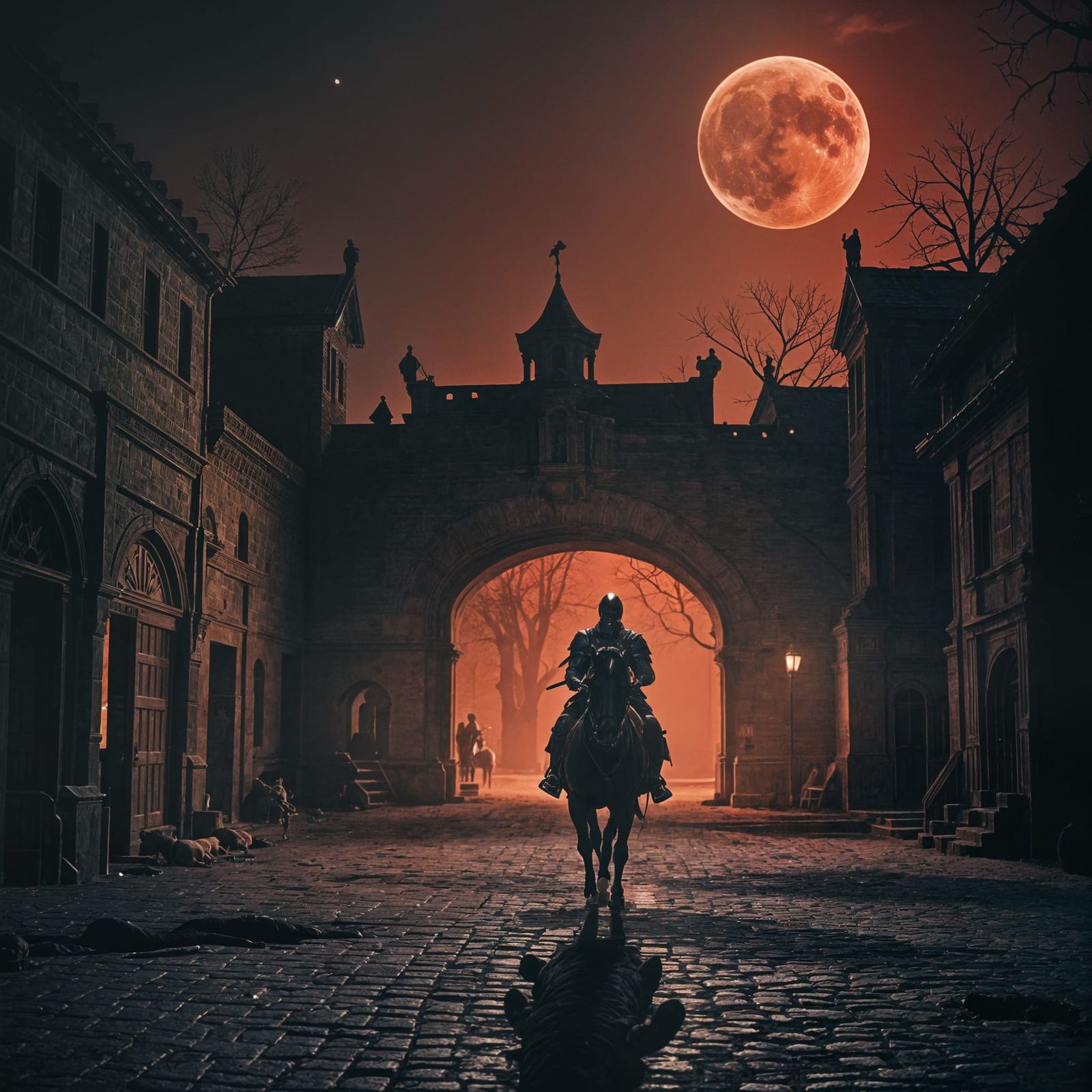 Knight Rides Through Dark Courtyard Under Blood Moon