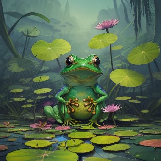 Frog on Lilypad in Graffiti Watercolor Style