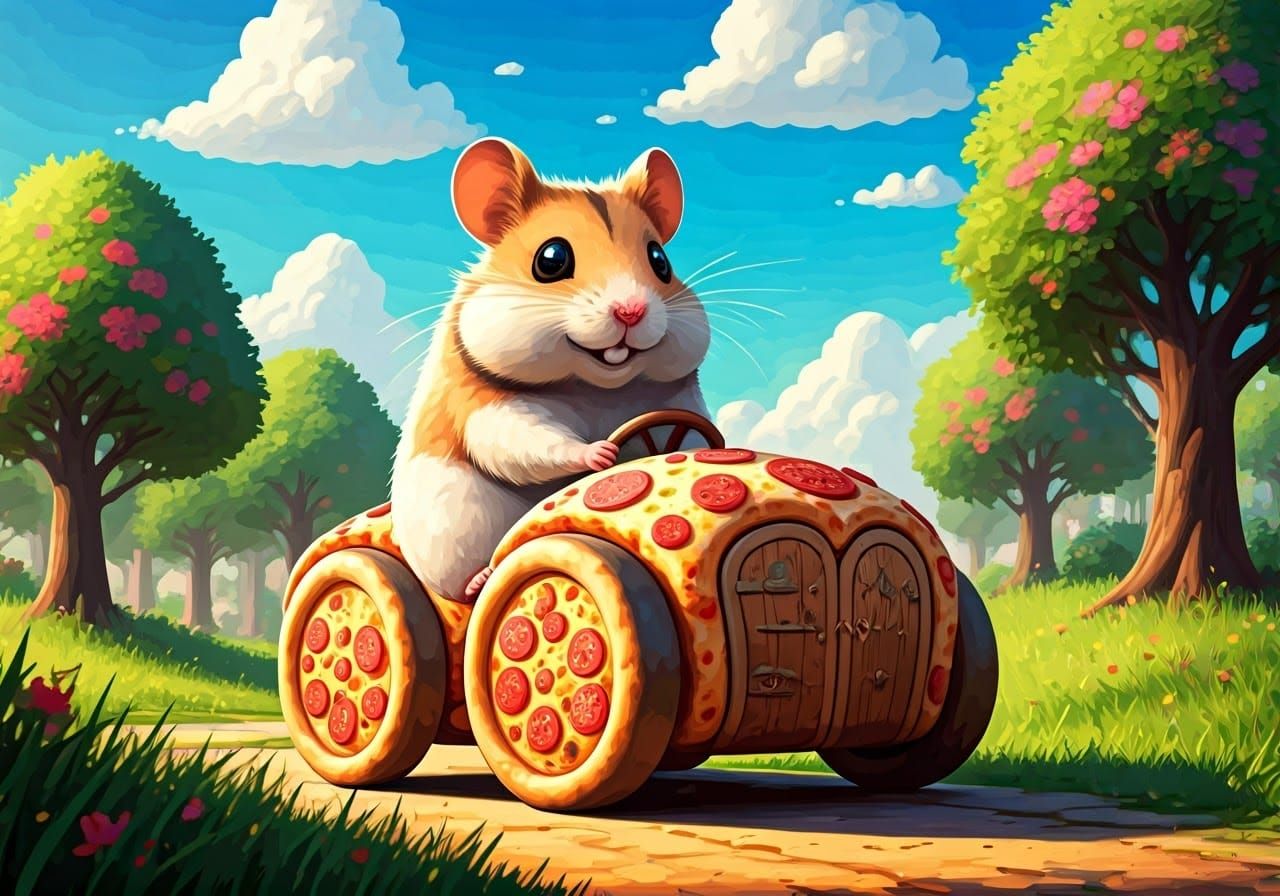 Cartoon Hamster Driving Pizza Car in Sunny Park