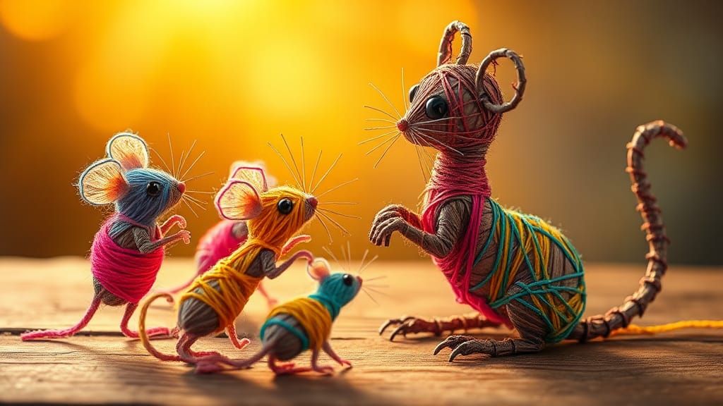 Playful String Mice and Wire Cat Sculpture