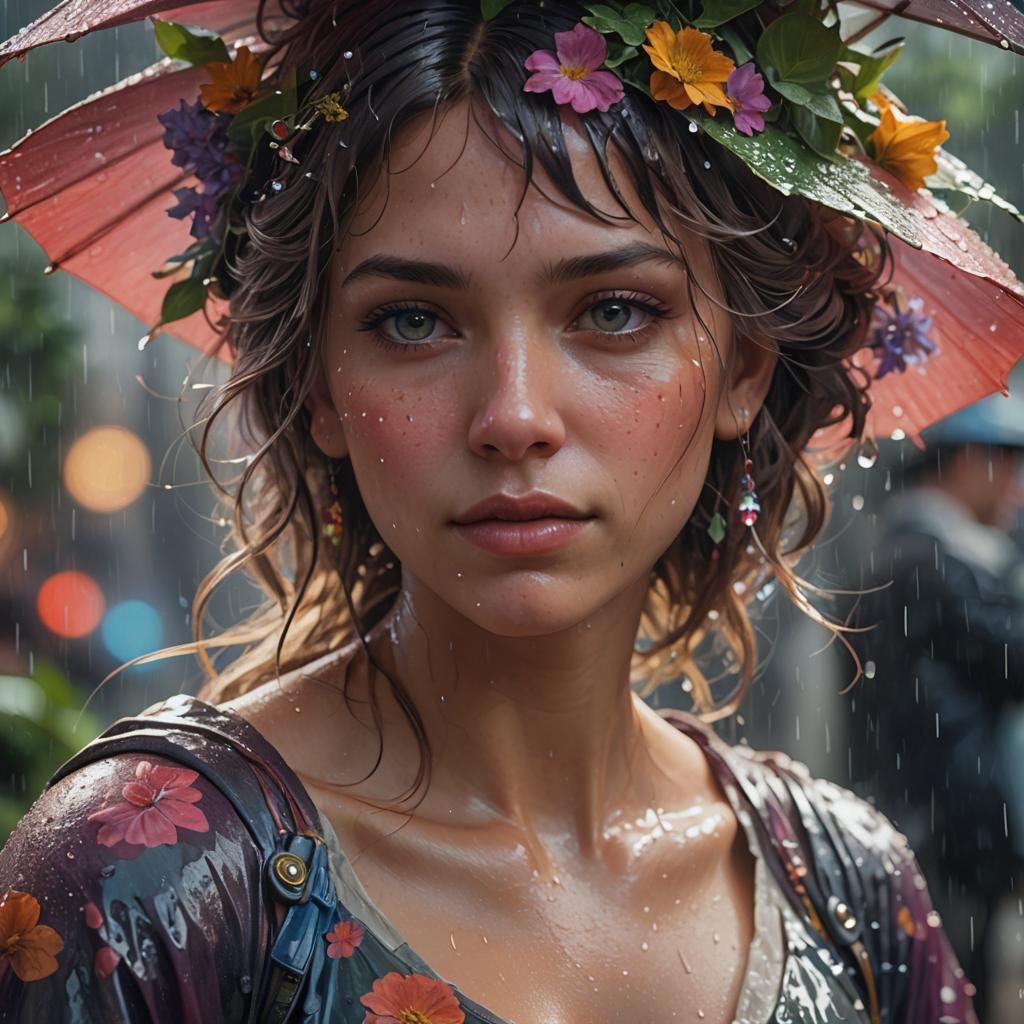 Hyperdetailed Portrait in Summer Rain, Art Nouveau Style
