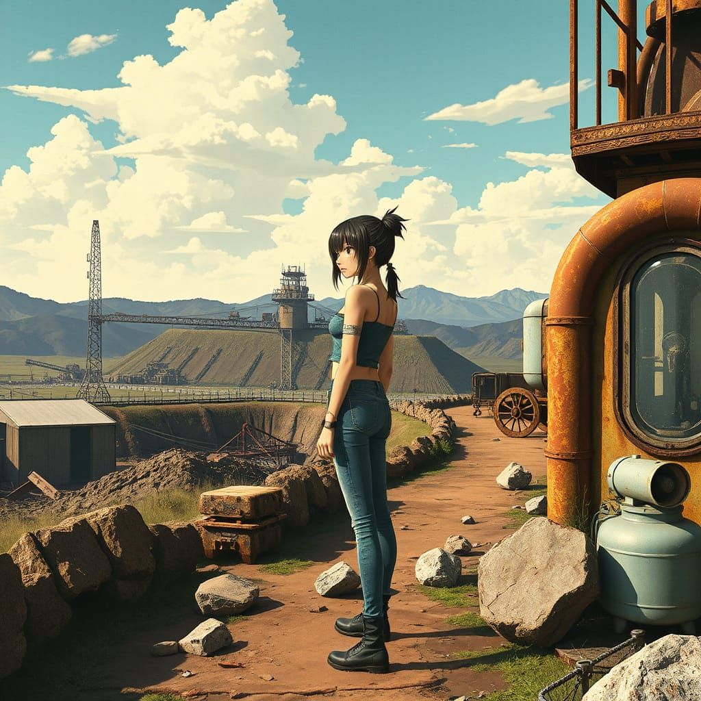 Sci-Fi Anime Girl at Ruined Industrial Mine