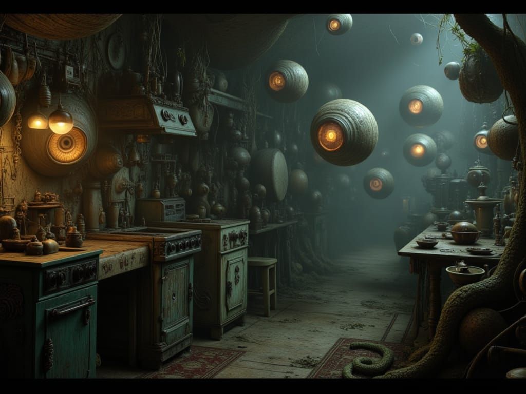 Surreal Kitchen Invasion in Dark Fantasy Style