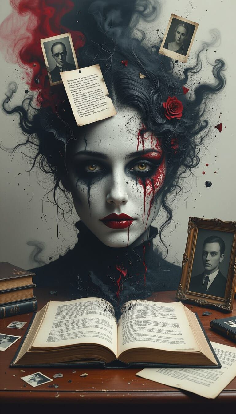 Surreal Desk Scene: Words Morphing, Faces Distorting