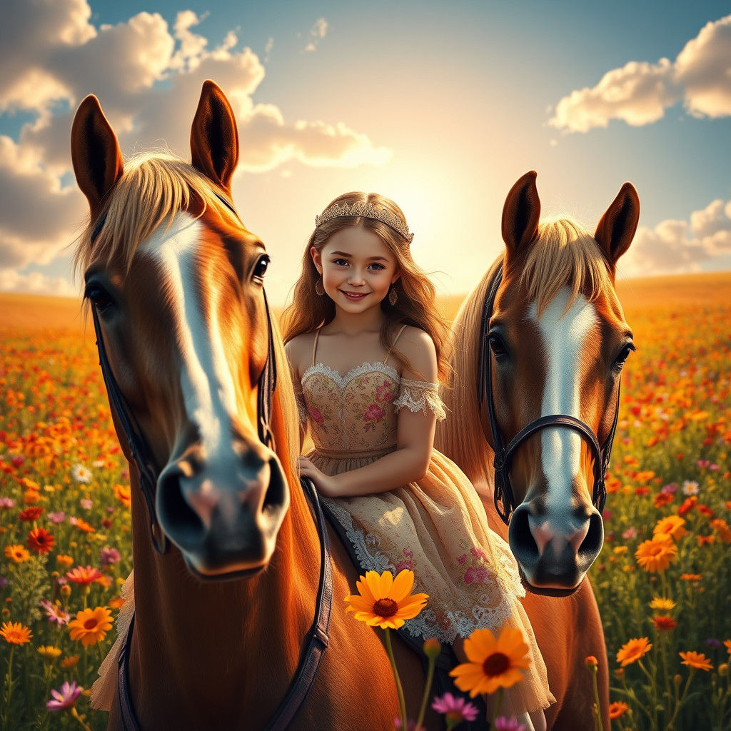 Girl on Horse in Wildflower Field, Hyper-Realistic Portrait