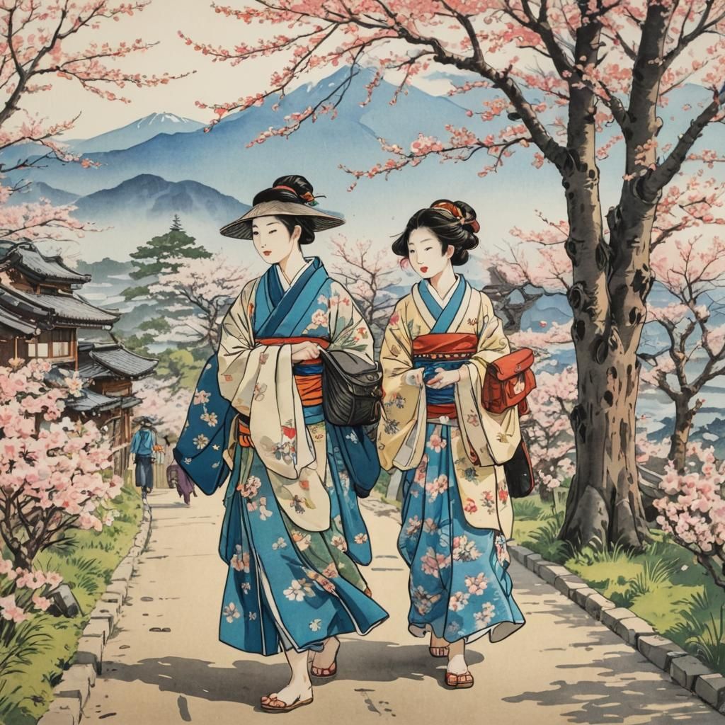 Traditional Japanese Travelers on Tokaido Road