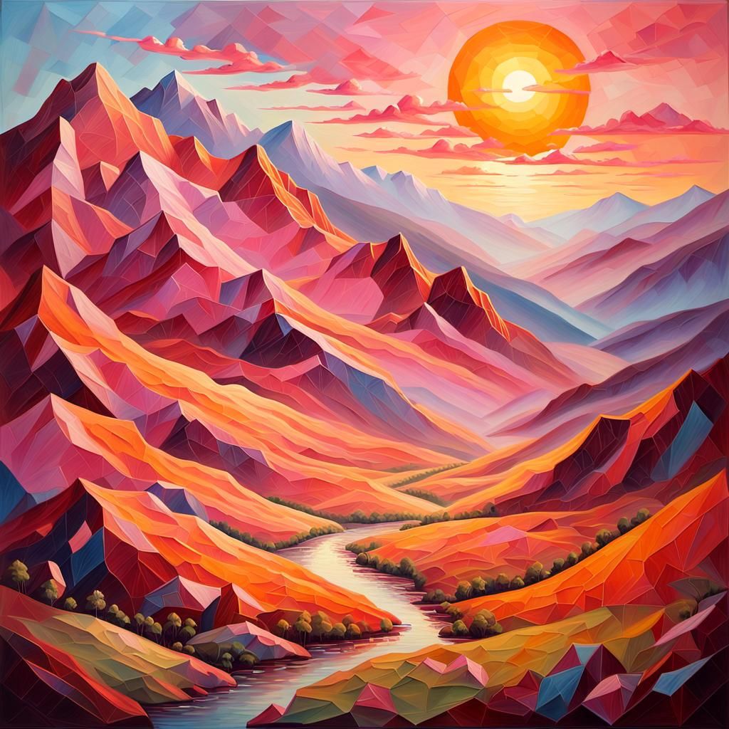 Mystical Mountain Sunset in Oil Painting Style