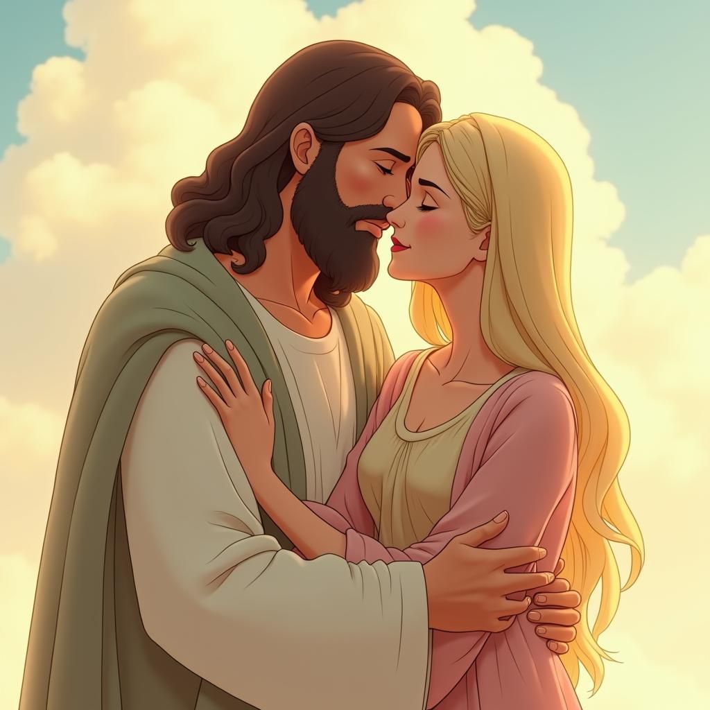 Jesus and Mary Embrace in Animated Style