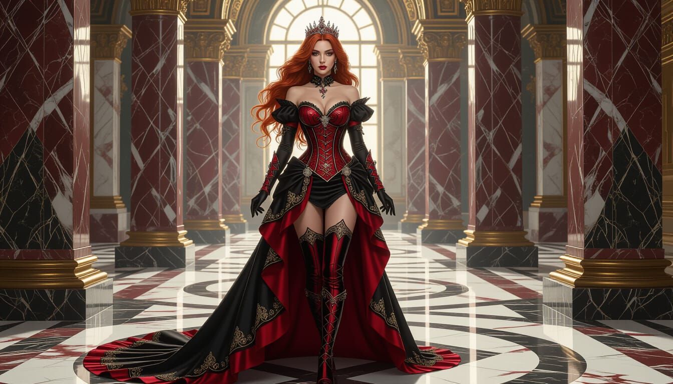 Steampunk Queen in Marble Chamber with Ruby Tiara