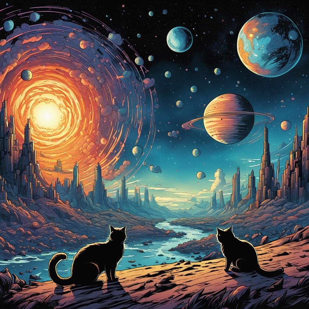Surreal Abstract Reality Concept of Cat Planet Galaxy
