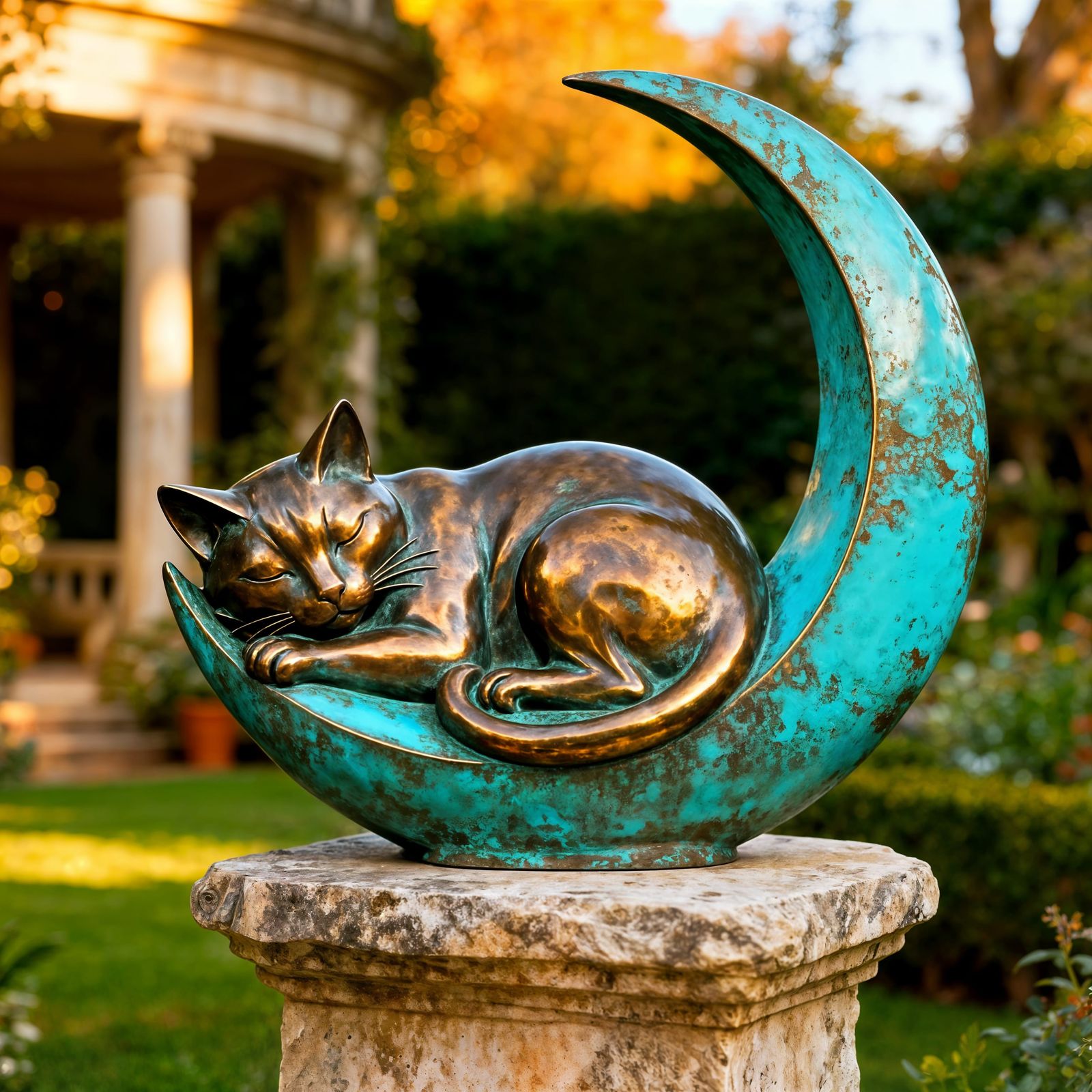 Bronze Cat Sculpture on Moon in Garden