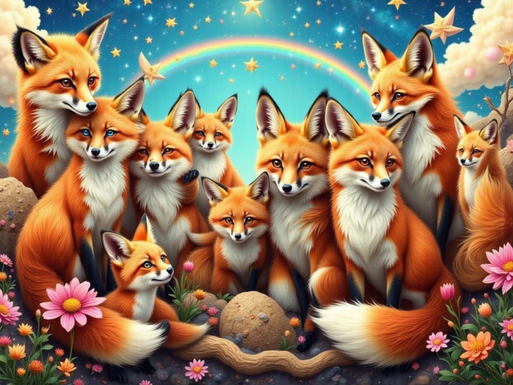 Mikayla Raines with Foxes in Colorful Heavenly Sky