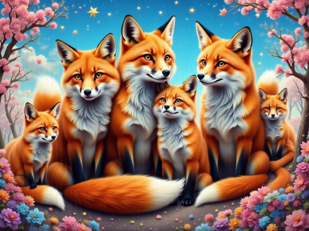 Mikayla Raines Surrounded by Foxes in Blue Sky