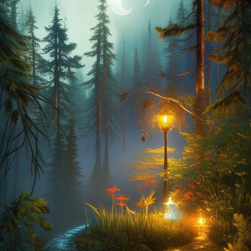 Night Cottage in Forest Clearing: Intricate Illustration