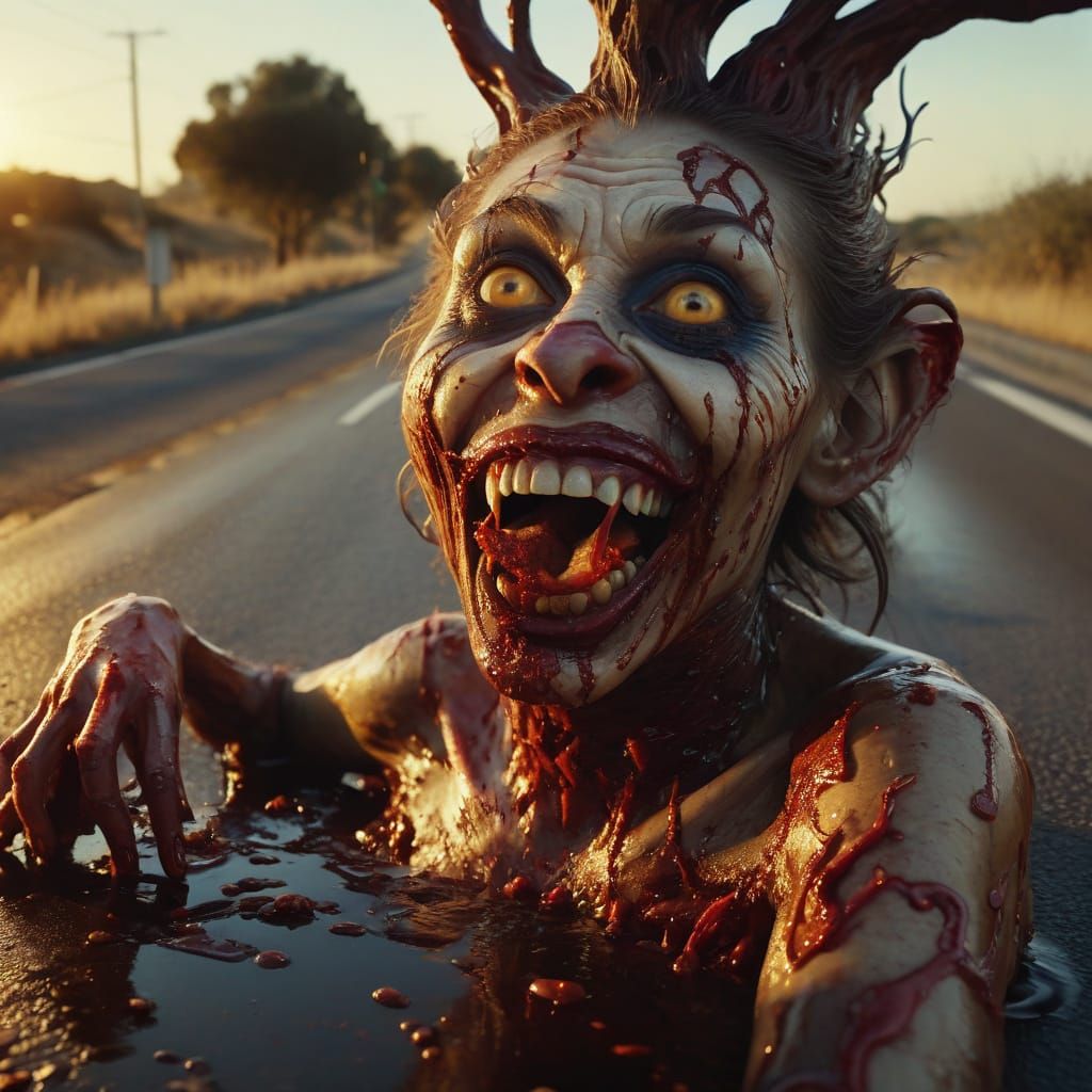 Surreal Clown Zombie Eats Roadkill in Melting Highway Landsc...