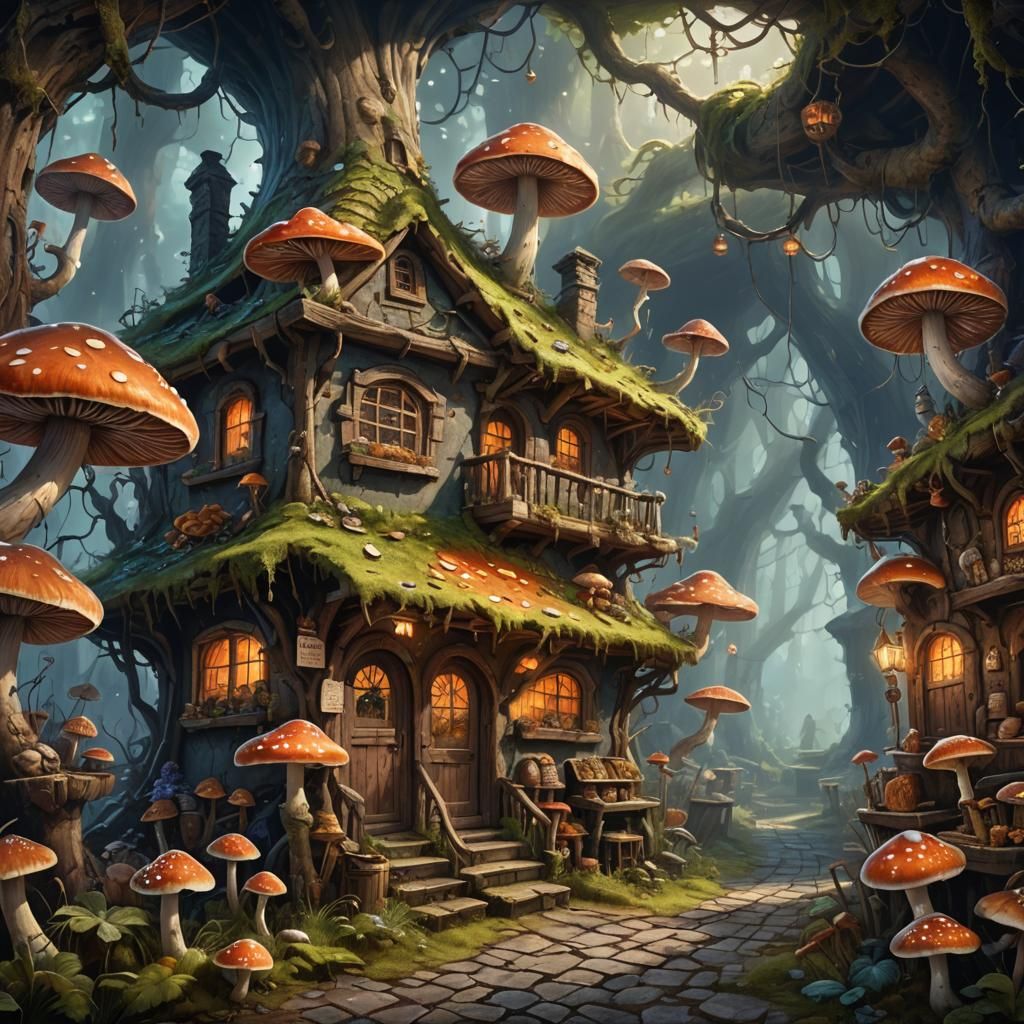 Fantasy Shop Selling Mycelium Thread Art in Oil Painting