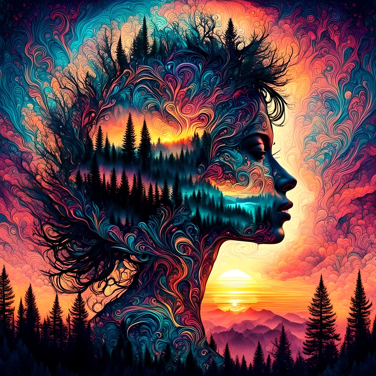 Crystalline Silhouette Double Exposure Sunset Synthwave